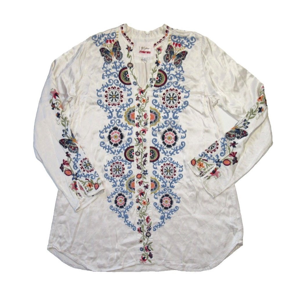 NWT Biya Johnny Was Gigi Satin Blouse in Ivory Embroidered Top M $225